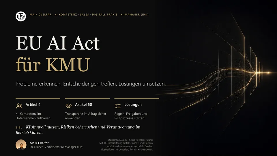 Titel der Praxisschulung EU AI Act für KMU: KI-Kompetenz, Transparenz und Umsetzung im Unternehmen.