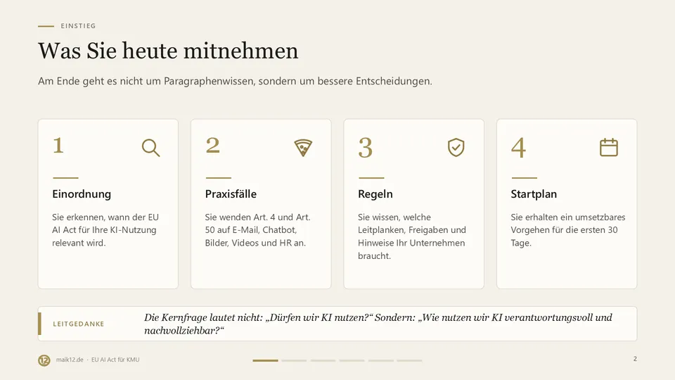 Lernziele der Schulung: KI-Nutzung einordnen, Praxisfälle entscheiden, Regeln entwickeln und Umsetzung planen.