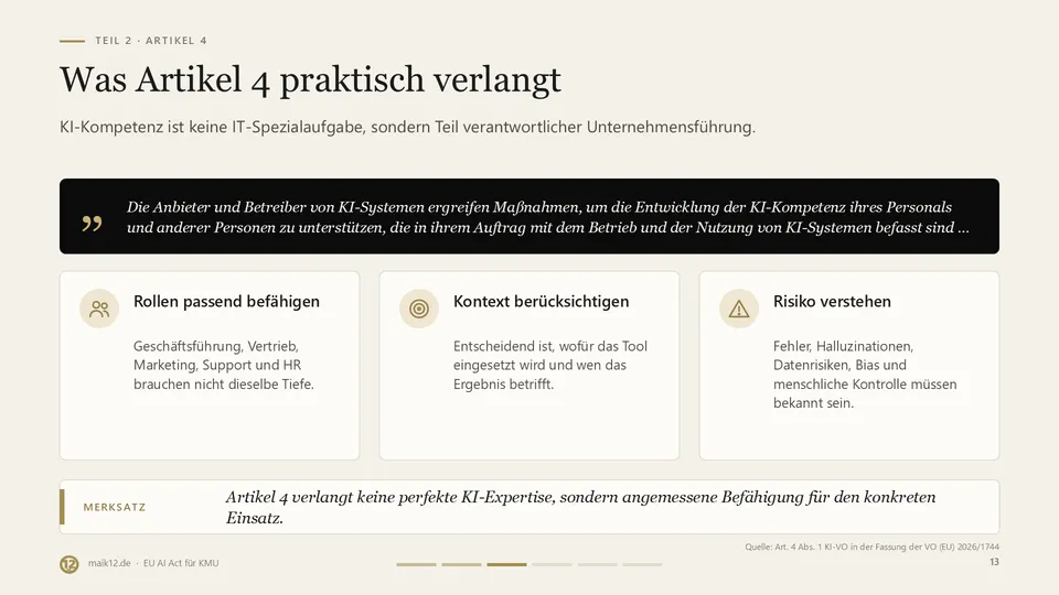 Artikel 4 in der Praxis: Rollen passend befähigen, Nutzungskontext berücksichtigen und Risiken verstehen.