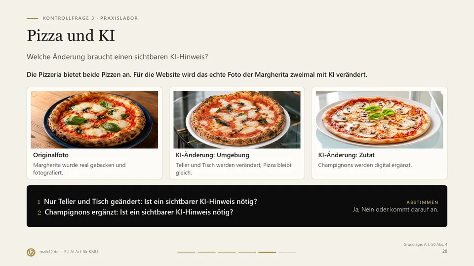 Kontrollfrage mit drei Pizza-Bildern: Originalfoto, geänderter Teller und Tisch sowie digital ergänzte Champignons.