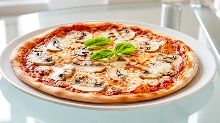 Pizza mit Champignons auf einem weißen Teller. Im Schulungsbeispiel wurden die Champignons mit KI in das Foto der Margherita eingefügt.
